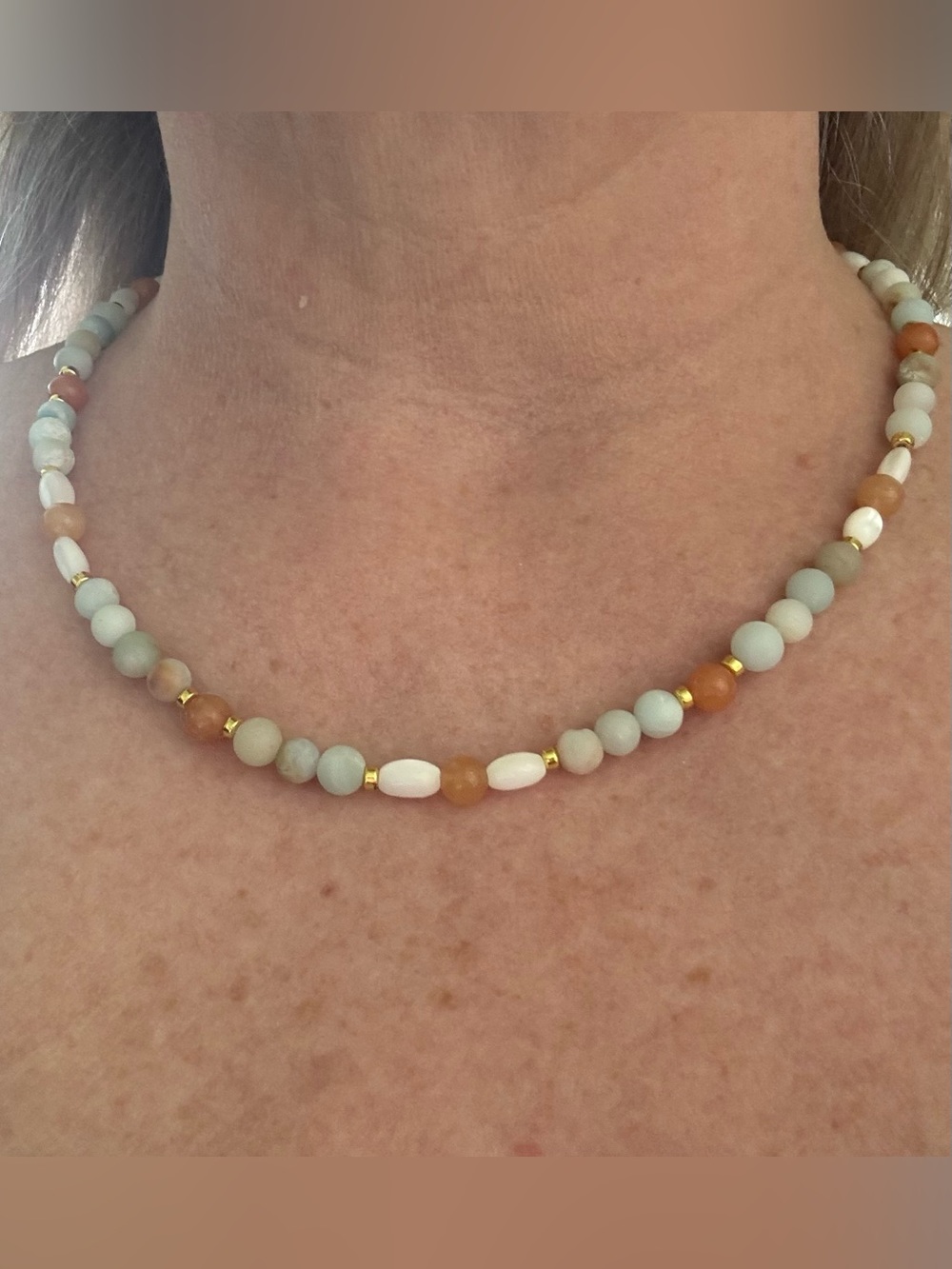 19” Amazonite, Mother of Pearl & Orange Aventurine Necklace